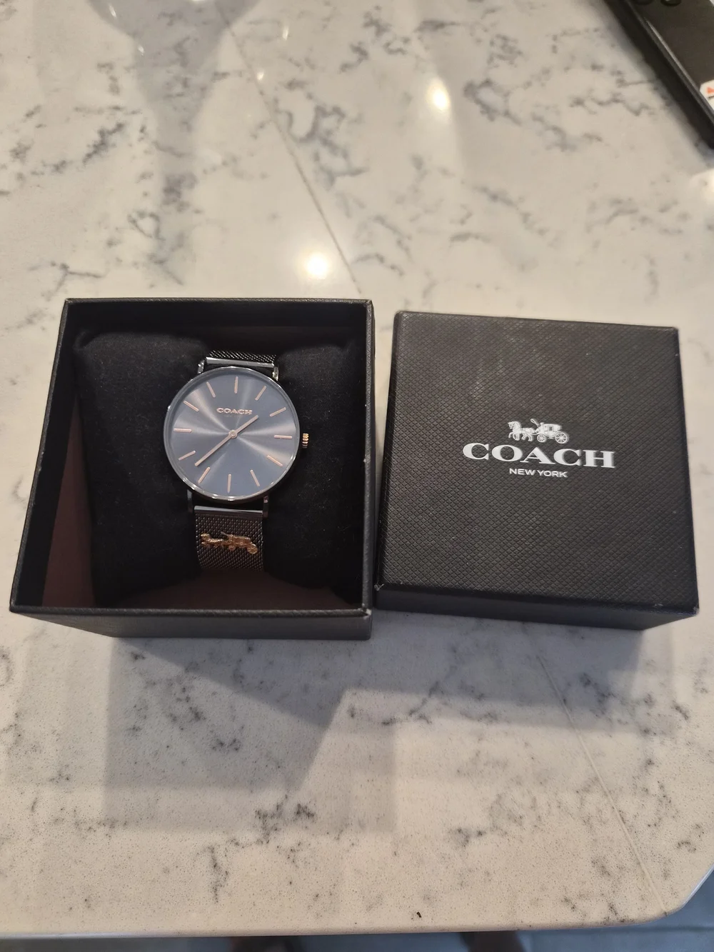 COACH Women’s Grey Mesh Strap Watch with Rose Gold Accents